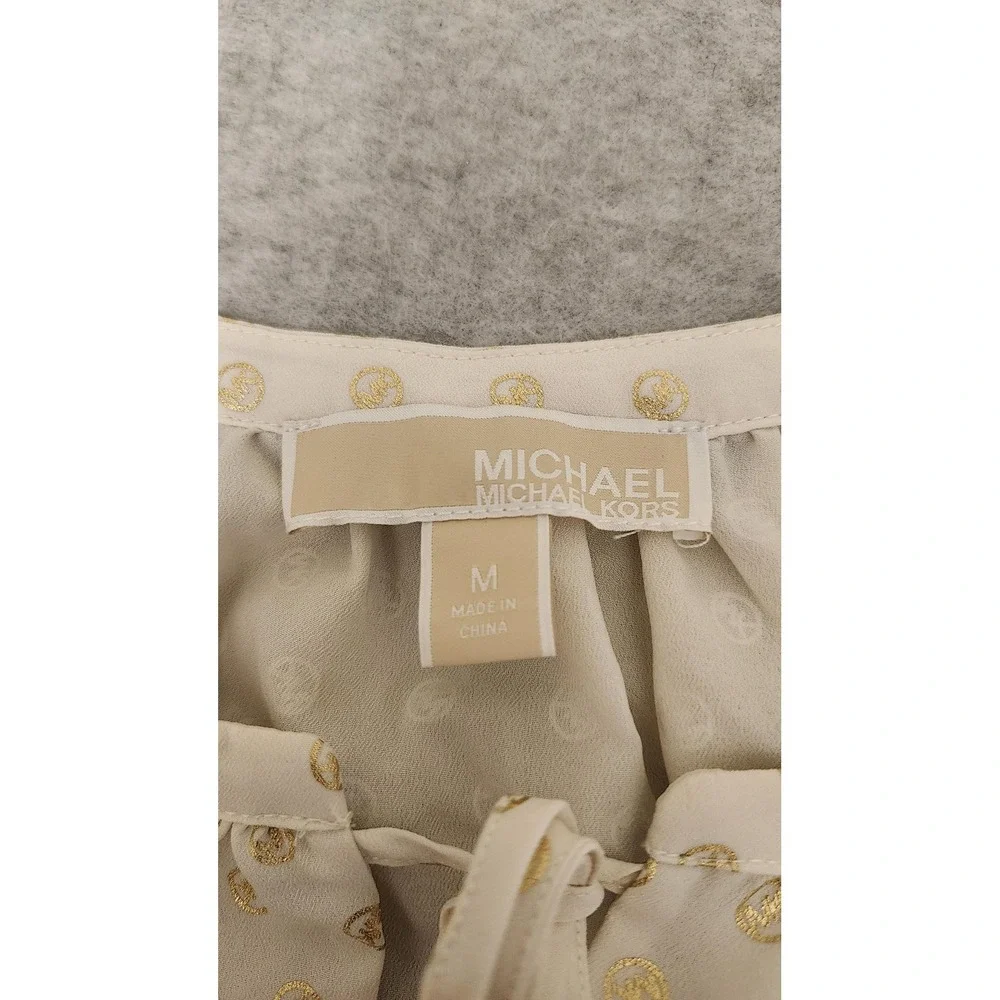 Michael Kors Shirt Womens Medium  Gold Logo Cold Shoulder Tie Neck Foil‎